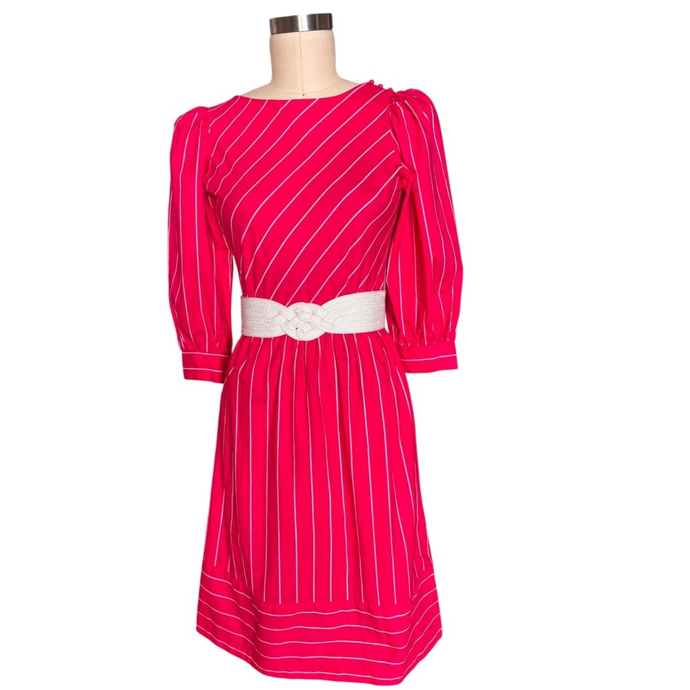 Vintage ILGWU Midi Dress Womens M Pink Excellent Pinstripe Puff Sleeve 80s USA